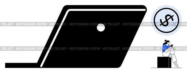 Person sitting and working on laptop, near dollar sign in circle. Ideal for online business, finance, technology, remote work, digital marketing, e-commerce and education themes. Line metaphor. Person Working on Laptop Next to Financial Symbol, Emphasizing Online Business and Finance Themes. Стоковая иллюстрация, агентство Ingram Publishing / Фотобанк Лори