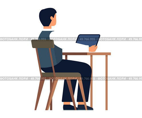 Person sitting at a desk with a tablet, minimalist and abstract icon, representing modern workspace and technology.. Person sitting at a desk with tablet, minimalistic and abstract icon, modern workspace concept. Стоковая иллюстрация, агентство Ingram Publishing / Фотобанк Лори
