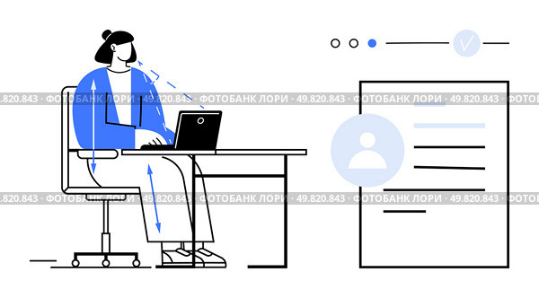 Person sitting at desk using laptop, focusing on digital profile on large screen. Ideal for workplace productivity, office environments, digital interactions, technology use, online profiles. Office Worker Reviewing Digital Profile on Laptop in Modern Workspace with Blue Accents. Стоковая иллюстрация, агентство Ingram Publishing / Фотобанк Лори