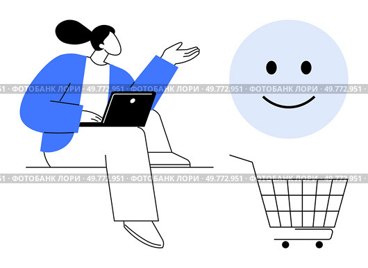 Person sitting with laptop gesturing towards a smiling face and shopping cart. Ideal for e-commerce, online shopping, customer satisfaction, digital retail, and user experience themes. Simple vector. Online Shopping Concept with Happy Customer and Shopping Cart. Стоковая иллюстрация, агентство Ingram Publishing / Фотобанк Лори