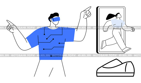 Person using VR headset interacts with a digital avatar and tech-enhanced shoe device. Ideal for virtual reality, digital innovation, gaming, technology integration, future tech, augmented reality. Exploring Virtual Reality Person Interacting with VR, Digital Avatar, and VR Shoe Device. Стоковая иллюстрация, агентство Ingram Publishing / Фотобанк Лори