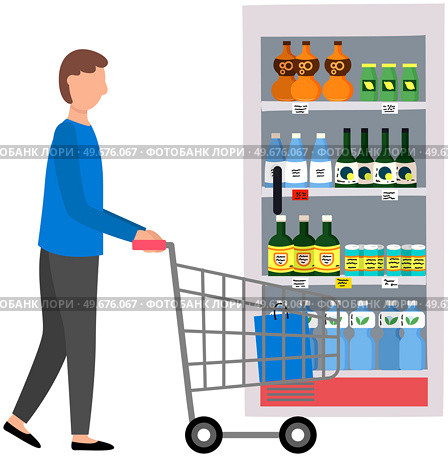 Person with shopping trolley chooses food at grocery store, supermarket. Shopping, customer in mall, retail shop concept. Cartoon character looking at fizzy drinks, lemonades in foodstuff store. Person looking at fizzy drinks, lemonades in foodstuff store. Shopping in supermarket concept. Стоковая иллюстрация, агентство Ingram Publishing / Фотобанк Лори
