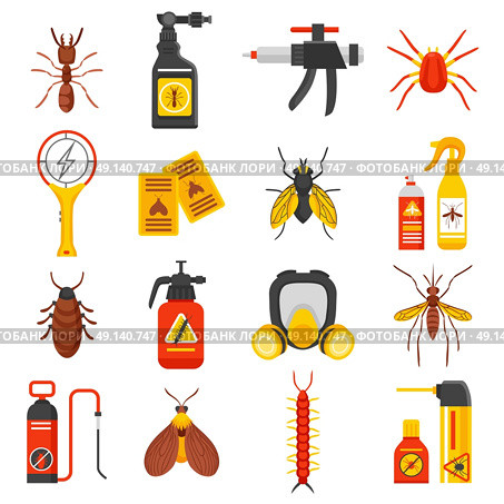 Pest Control Icons Set. Pest control flat icons set with tick ant mosquito fly cockroach repellent and insecticide isolated vector illustration . Стоковая иллюстрация, агентство Ingram Publishing / Фотобанк Лори