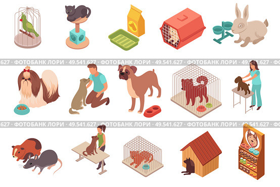 Pet animals isometric icons rodents parrot rabbit cats and dogs of different breeds isolated vector illustration. Стоковая иллюстрация, агентство Ingram Publishing / Фотобанк Лори