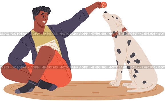 Pet owner male character plays with dog, trains dalmatian, feeds sausage. Caring for four-footed friend. Doggy and happy man friends isolated on white background. Fun domestic animal, human companion. Pet owner male character plays with dog, trains dalmatian, feeds sausage. Caring for animal friend. Стоковая иллюстрация, агентство Ingram Publishing / Фотобанк Лори