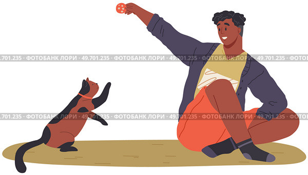 Pet owner plays with cat. Caring for animals, joint pastime with pets concept. Happy guy with kitty, domestic animal companion at home. Male character training kitten. Man spends time with cat. Pet owner plays with cat. Male character training kitten. Man spends time with domestic animal. Стоковая иллюстрация, агентство Ingram Publishing / Фотобанк Лори