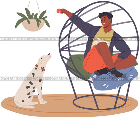 Pet owner plays with dog. Caring for animals, joint pastime with pets concept. Happy guy with puppy, domestic animal companion at home. Male character training doggy. Man spends time with dalmatian. Pet owner plays with dog. Caring for animals, joint pastime with pets concept. Happy guy with puppy. Стоковая иллюстрация, агентство Ingram Publishing / Фотобанк Лори