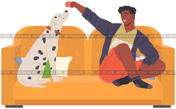 Pet owner sitting on sofa and playing with dog. Caring for animals, joint pastime with pets concept. Happy guy with puppy, domestic animal companion on couch. Male character training dalmatain at home. Pet owner sitting on sofa and playing with dog. Male character training dalmatain at home. Стоковая иллюстрация, агентство Ingram Publishing / Фотобанк Лори