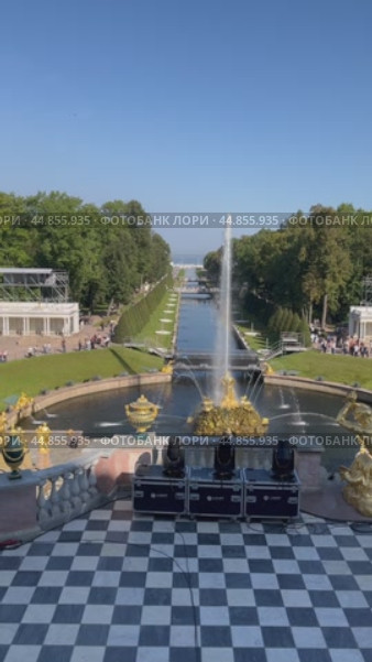 PETERGOF, SAINT PETERSBURG, RUSSIA - September 17, 2024: Vertical video of the beautiful Samson Canal and fountain on Lower park of Peterhof on sunny summer day. Top view. City popular landmark. Редакционное видео, видеограф Виктория Катьянова / Фотобанк Лори