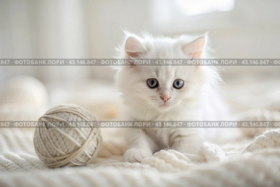 Pets. A small fluffy white kitten is playing with a ball of yarn on a white bed. A curious kitten lies on a white blanket and looks at the camera. Textiles, knitting. Стоковое AI-изображение, AI-художник Photojuli / Фотобанк Лори