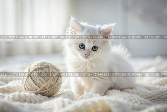 Pets. A small fluffy white kitten is playing with a ball of yarn on a white bed. A curious kitten lies on a white blanket and looks at the camera. Textiles, knitting. Стоковое AI-изображение, AI-художник Photojuli / Фотобанк Лори