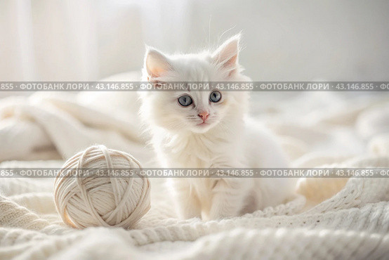 Pets. A small fluffy white kitten is playing with a ball of yarn on a white bed. A curious kitten lies on a white blanket and looks at the camera. Textiles, knitting. Стоковое AI-изображение, AI-художник Photojuli / Фотобанк Лори