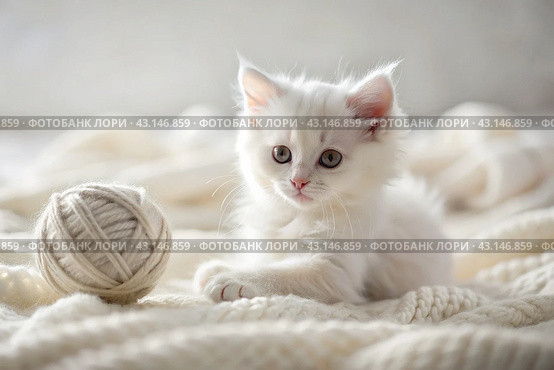 Pets. A small fluffy white kitten is playing with a ball of yarn on a white bed. A curious kitten lies on a white blanket and looks at the camera. Textiles, knitting. Стоковое AI-изображение, AI-художник Photojuli / Фотобанк Лори
