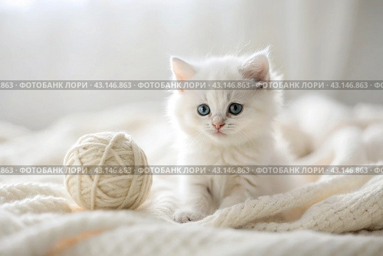 Pets. A small fluffy white kitten is playing with a ball of yarn on a white bed. A curious kitten lies on a white blanket and looks at the camera. Textiles, knitting. Стоковое AI-изображение, AI-художник Photojuli / Фотобанк Лори