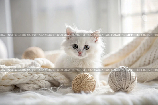 Pets. A small fluffy white kitten is playing with a ball of yarn on a white bed. A curious kitten lies on a white blanket and looks at the camera. Textiles, knitting. Стоковое AI-изображение, AI-художник Photojuli / Фотобанк Лори