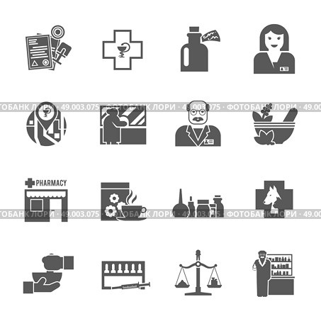 Pharmacicst black icons set. Pharmacy chemist shop black icons set with cross asclepius medical symbols and apothecary abstract  isolated vector illustration. Стоковая иллюстрация, агентство Ingram Publishing / Фотобанк Лори