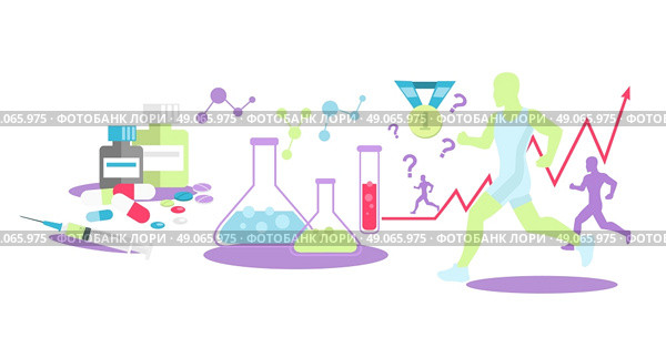 Pharmacology in sport icon flat isolated. Medical supplement,  medicine tablet vitamin, health food capsule, amino acid, healthcare pharmacy, training and injection illustration. Стоковая иллюстрация, агентство Ingram Publishing / Фотобанк Лори