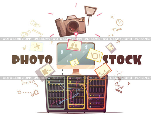 Photo Microstock Industry Concept Retro Illustration . Successful high quality photo contributors to stock agencies concept symbols composition in retro cartoon style vector illustration  . Стоковая иллюстрация, агентство Ingram Publishing / Фотобанк Лори