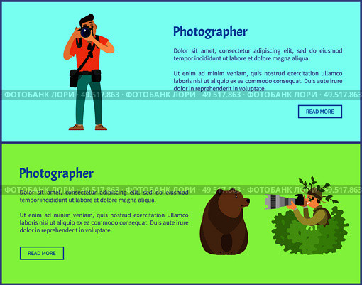 Photographer services Internet promo banners. Guy with photo camera, man taking photo of grizzly bear from bush in camouflage vector illustrations.. Photographer Services Internet Promo Banners Set. Стоковая иллюстрация, агентство Ingram Publishing / Фотобанк Лори