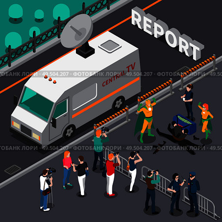 Photographer videographer isometric composition with camera car outside broadcast vehicle near roped-off area with people vector illustration. Стоковая иллюстрация, агентство Ingram Publishing / Фотобанк Лори