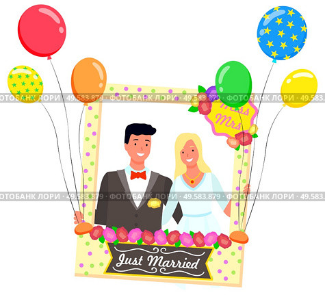 Photozone for just married couple vector, bride and groom posing behind composition for photo. Flat style characters smiling, frame with flowers and sign with text, mrs miss. Flourishing decor for pic. Just Married Composition for Photo, Photozone. Стоковая иллюстрация, агентство Ingram Publishing / Фотобанк Лори