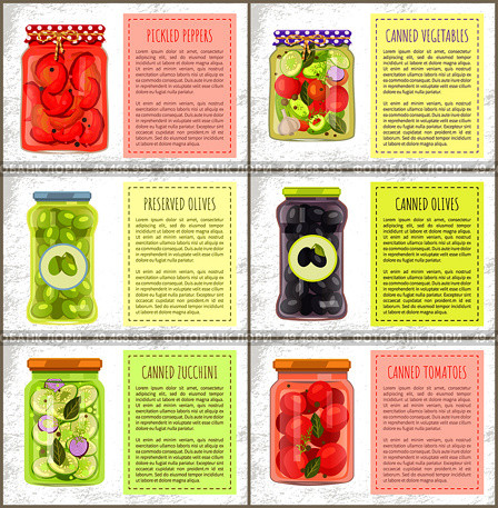 Pickled peppers and preserved olives, canned vegetables, zucchini and black olives labeled jars. Bottles with organic food for healthy eating poster.. Healthy Eating Organic Fruit and Veggie Preserves. Стоковая иллюстрация, агентство Ingram Publishing / Фотобанк Лори
