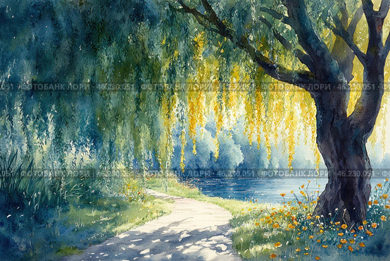 Picturesque nature scene: a large weeping willow leans over a path leading to a lake. Its long, hanging branches with golden hues create an atmosphere of coziness and privacy. Wildflowers grow on both sides of the path, with yellow and orange hues predominating. The lake water reflects the blue sky, and in the background you can see the blurred silhouettes of trees, creating depth of space. The painting is done in watercolor, conveying the softness of light and air. Стоковое AI-изображение, AI-художник Анна Кривицкая / Фотобанк Лори
