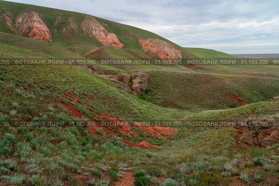 Picturesque slopes of the highest point of the Caspian lowland - Bolshoe Bogdo Mountains on a summer day, Bogdinsk-Baskunchak Nature Reserve, Akhtuba district, Astrakhan region, Russia. Стоковое фото, фотограф Ula Ulachka / Фотобанк Лори