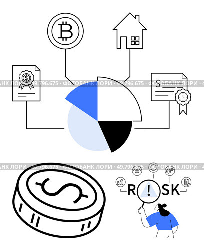 Pie chart with sections for cryptocurrency, real estate, and certificates. Large dollar coin illustration and a person analyzing risk with magnifying glass. Ideal for financial planning, investment. Financial Planning Concepts Illustrated with Pie Chart, Cryptocurrency, Real Estate, and Risk Analysis. Стоковая иллюстрация, агентство Ingram Publishing / Фотобанк Лори