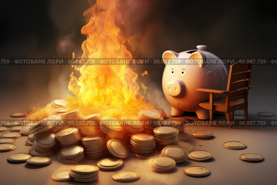 Piggy bank watching burning money and gold coins with sad expression. Стоковое AI-изображение, AI-художник Иван Рябоконь / Фотобанк Лори