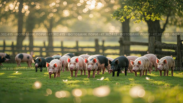 Pigs wander freely in a sunny farm field during late afternoon hours in a peaceful rural setting. Стоковое AI-изображение, AI-художник Сергей Толмачёв / Фотобанк Лори