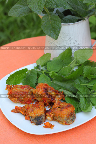 Pike with vegetables and mint sauce on orange background. Стоковое фото, фотограф Марина Володько / Фотобанк Лори