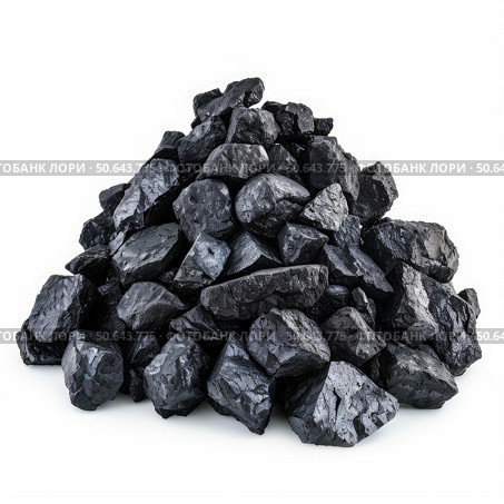 Pile of black coal forming a small mountain on white background. Стоковое AI-изображение, AI-художник Иван Рябоконь / Фотобанк Лори