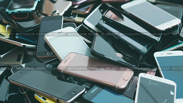 Pile of damaged Android smartphones. Concept of technology recycle. Стоковое AI-изображение, AI-художник Ярославский Максим / Фотобанк Лори