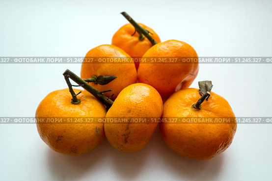 Pile of mandarins with leaf on white background. Стоковое фото, фотограф Зарифа Арсланова / Фотобанк Лори
