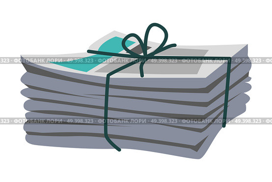 Pile of newspapers with media information isolated bound with string on white. Vector illustration of paper tabloid journals gathered in heap and bound with blue type and bow in flat design.. Pile of Newspapers Bound with String on White. Стоковая иллюстрация, агентство Ingram Publishing / Фотобанк Лори