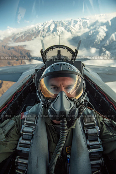 Pilot in Helmet Facing Camera. Стоковое AI-изображение, AI-художник Юлия Гапеенко / Фотобанк Лори