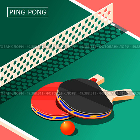 Ping pong isometric background with sports equipment including table, rackets with ball and net vector illustration. Ping Pong Isometric Background. Стоковая иллюстрация, агентство Ingram Publishing / Фотобанк Лори