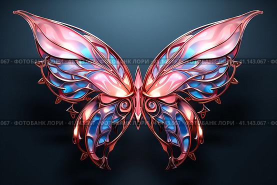 Pink and blue neon geo-symmetric wings on a fark background. Futuristic shape, abstract modeling. Generative Ai. Стоковое AI-изображение, AI-художник Виталий Сова / Фотобанк Лори