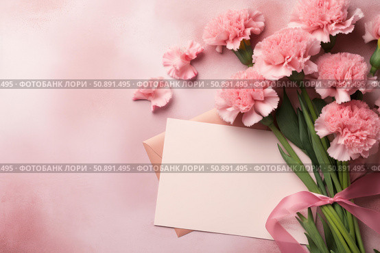 Pink carnations bouquet and blank card creating a lovely mother's day scene. Стоковое AI-изображение, AI-художник Иван Рябоконь / Фотобанк Лори