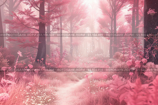 Pink fog entering magical forest with flowers and light particles. Стоковое AI-изображение, AI-художник Иван Рябоконь / Фотобанк Лори
