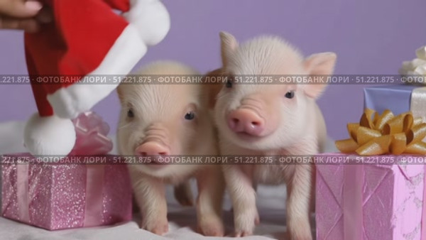Pink nosed piglets nestling near wrapped presents, festive santa hat perched playfully, capturing seasonal joy and adorable farmyard charm. Стоковое AI-видео, аниматор Юрий Поздников / Фотобанк Лори