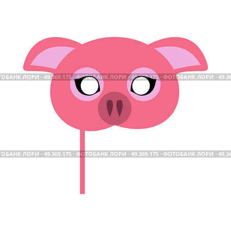 Pink Pig Domestic Animal Carnival Mask. Vector. Pig carnival mask vector illustration in flat style. Pink pig domestic animal face. Funny childish masquerade mask isolated on white. New Year masque for festivals, holiday dress code for kids. Стоковая иллюстрация, агентство Ingram Publishing / Фотобанк Лори