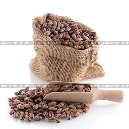 Pinto beans bag with wooden scoop on white background. Стоковое фото, агентство Ingram Publishing / Фотобанк Лори
