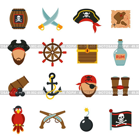 Pirate accessories symbols flat icons collection with wooden treasure chest and jolly roger flag abstract vector illustration. Pirate icons set flat. Стоковая иллюстрация, агентство Ingram Publishing / Фотобанк Лори