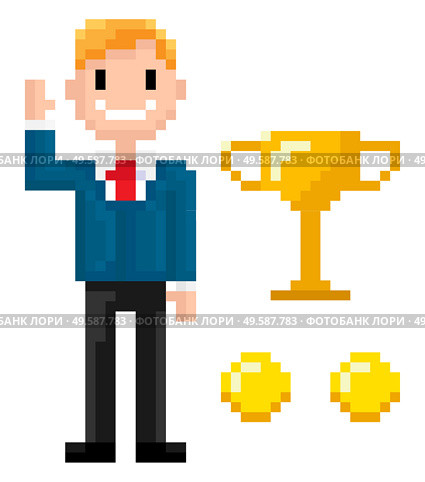 Pixel character with coins and trophy award vector, isolated man wearing business suit and tie smiling because of achievements, 8 bit graphics person. Smiling Businessman and Trophy with Coins Pixel. Стоковая иллюстрация, агентство Ingram Publishing / Фотобанк Лори