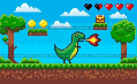 Pixel game character vector, treasure and clouds icons of life hearts. Dinosaur with flames from mouth, nature trees wooden casket with money scores. Dinosaur with Flames, Pixelated Character Vector. Стоковая иллюстрация, агентство Ingram Publishing / Фотобанк Лори