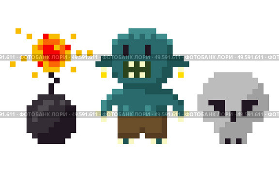 Pixel game elements vector, bomb with wick in flame isolated icon. Troll and skull, danger and explosion gamification retro flat style graphics set. Skull and Troll, Bomb with Fire Pixel Game Vector. Стоковая иллюстрация, агентство Ingram Publishing / Фотобанк Лори