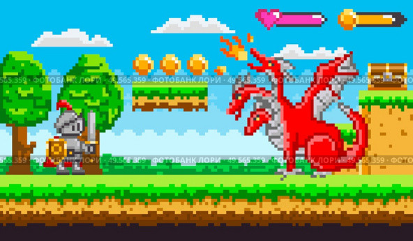 Pixel game knight in armor with sword and shield fighting with red fire belching three headed dragon for chest of money. Platformer video-game. Retro computer arcades. 8 bit pixelated art app gemes. Pixel Game With Dragon and Knight Fighting Vector. Стоковая иллюстрация, агентство Ingram Publishing / Фотобанк Лори