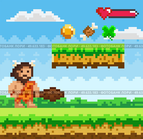 Pixel-game primitive man male brave character in clothes made of animal skins holding wooden club. Pixelated natural landscape with caveman standing on green meadow near platform with golden coins. Pixel-game primitive man male brave character in clothes made of animal skins holding wooden club. Стоковая иллюстрация, агентство Ingram Publishing / Фотобанк Лори